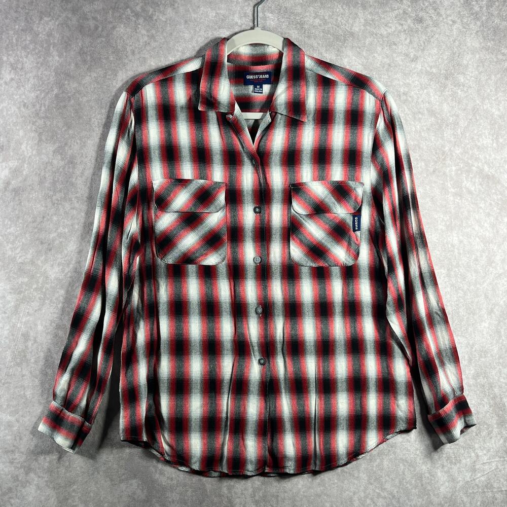 Vintage Guess Jeans Shirt Men Medium Red Gray Plaid Button Up Long Sleeve Casual